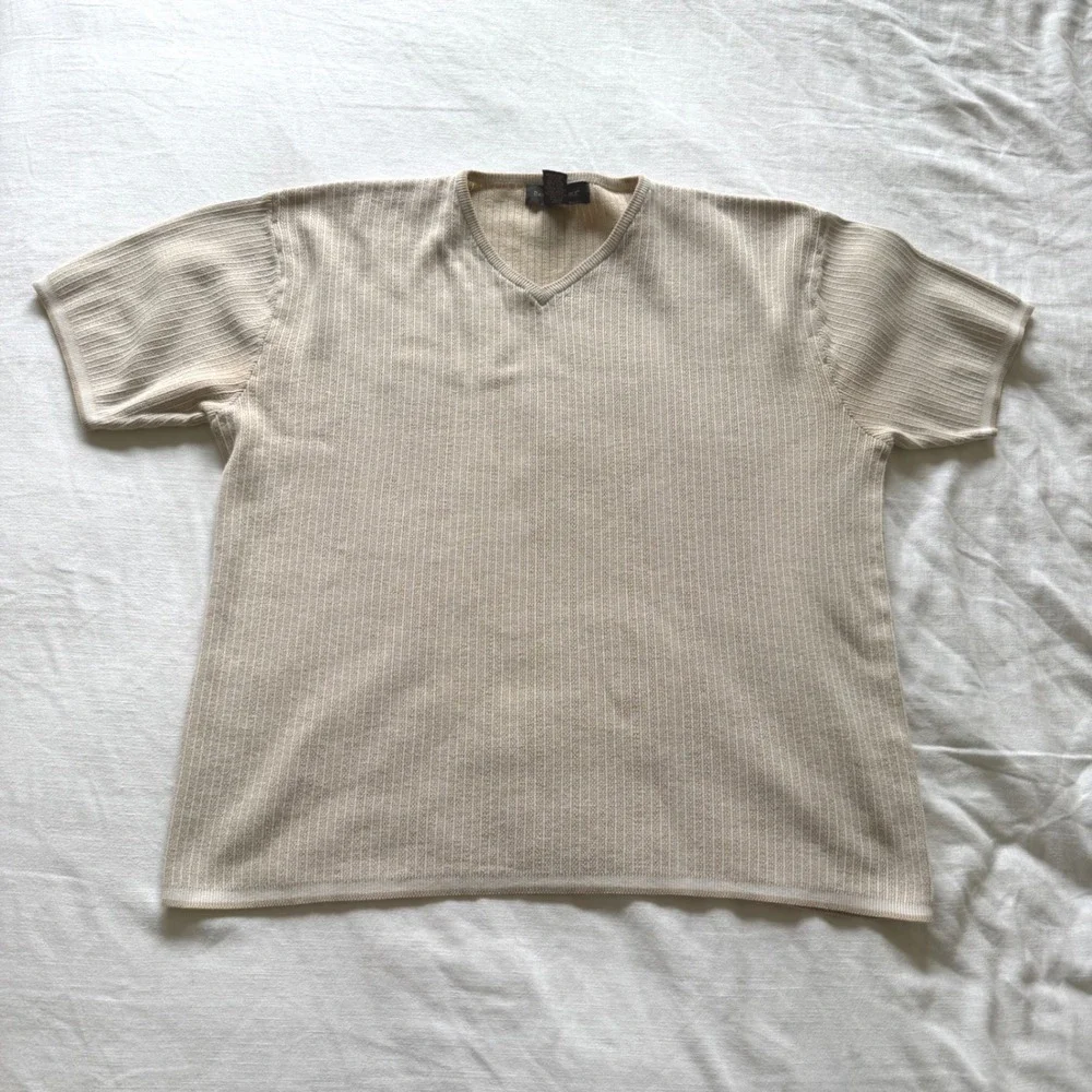 Y2K Banana Republic XL V-Neck Ribbed Knit Short Sleeve Cotton Sweater Tan White